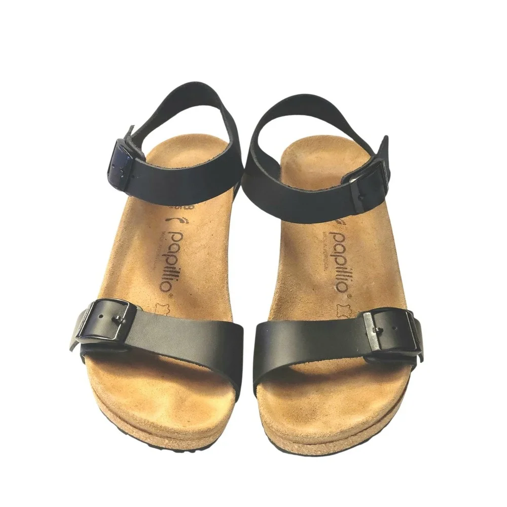 Papillio by Birkenstock Soley Black Leather Cork Slingback Wedge Sandals 38 7